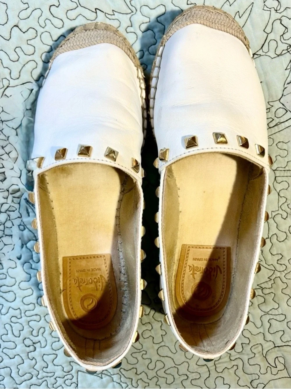 💥Vidorreta Made in Spain White Leather Studded Espadrille Flats EU 37 US 6.5💛